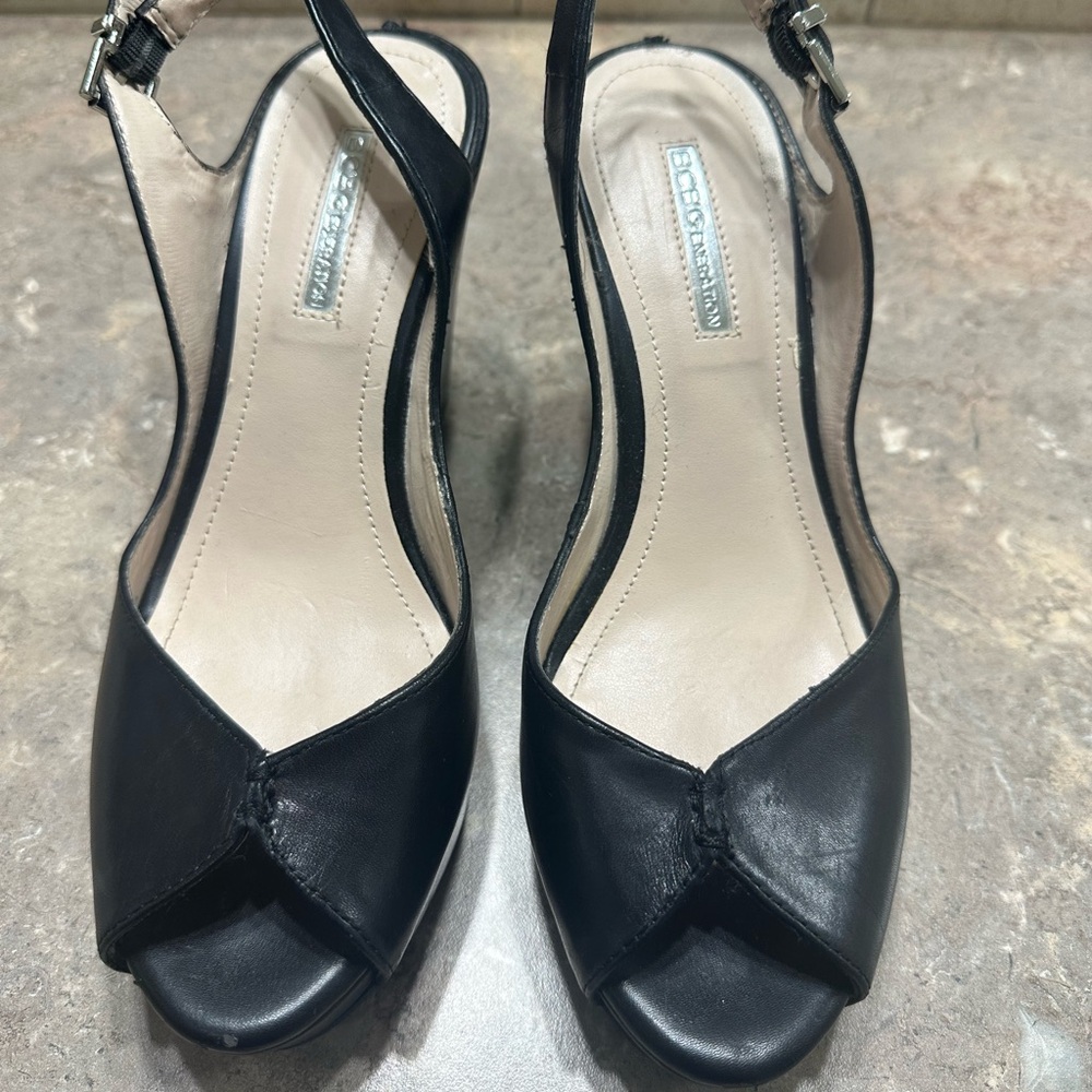 BCBG peep toe wedges